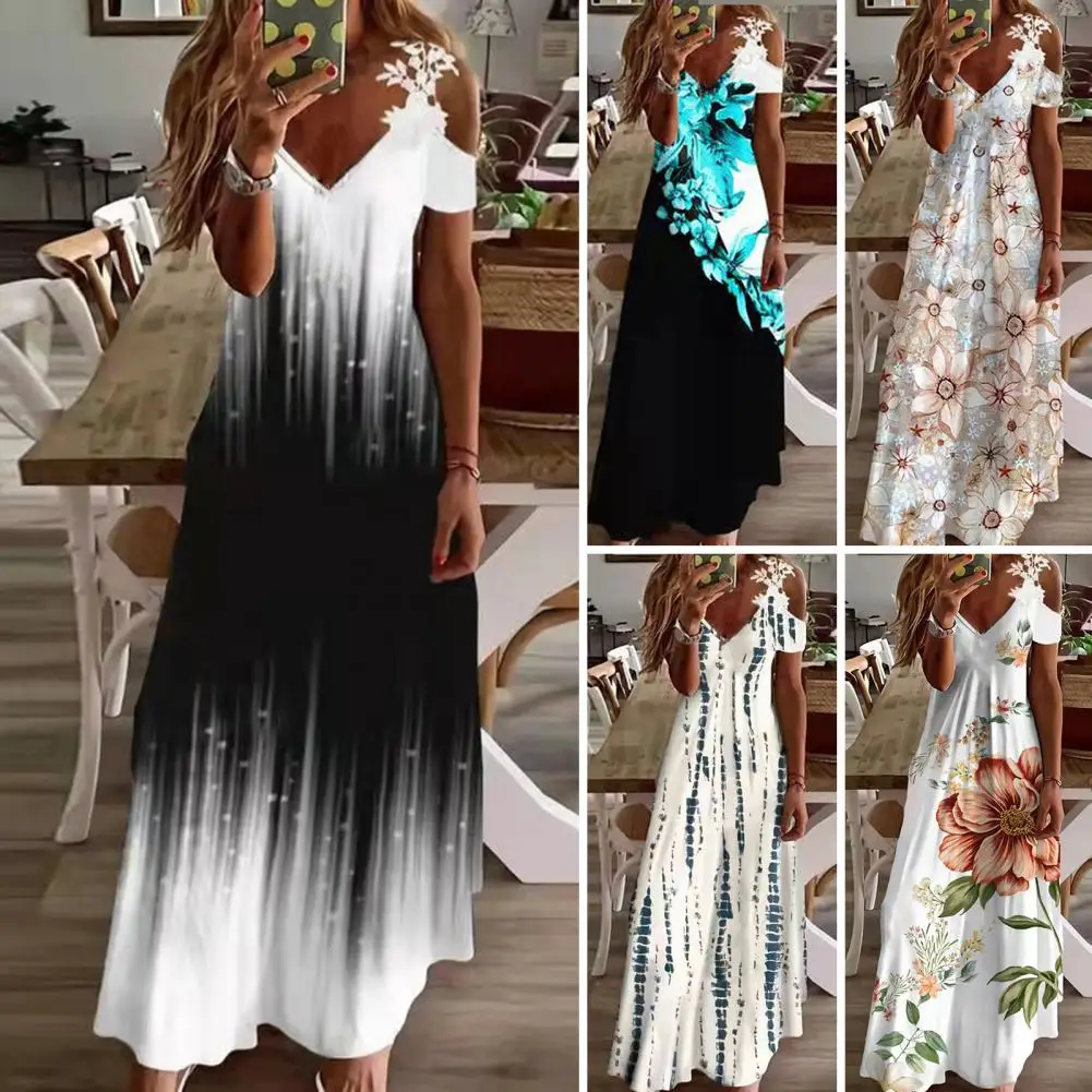 

Women Summer Casual Off Shoulder Bohemian Maxi Dresses Elegant A-Line Short Sleeve Beach Dress Female Robe Vestidos