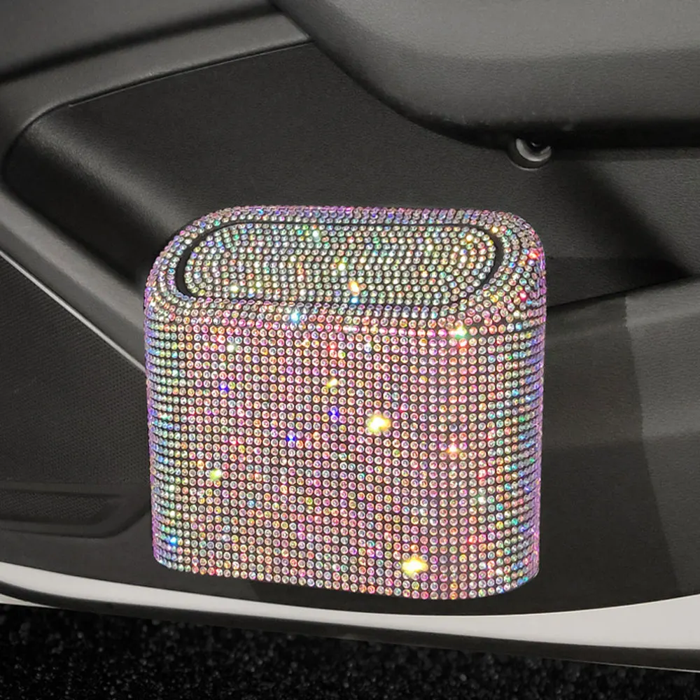 

Glitter Trash Can Auto Supplies Storage Box Garbage Grabber Bling Rhinestone Interior Accessories Square Pressing Car Trash Bin