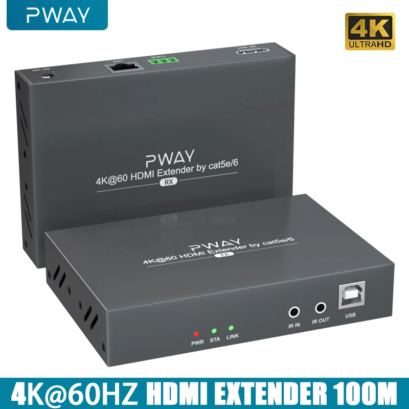 

Pway 100m HDMI Extender Support 4K@60Hz Video HDMI2.0 HDCP2.2 Over RJ45 CAT6 Ultra HD Video For Cctv Pc Tv Home Theater