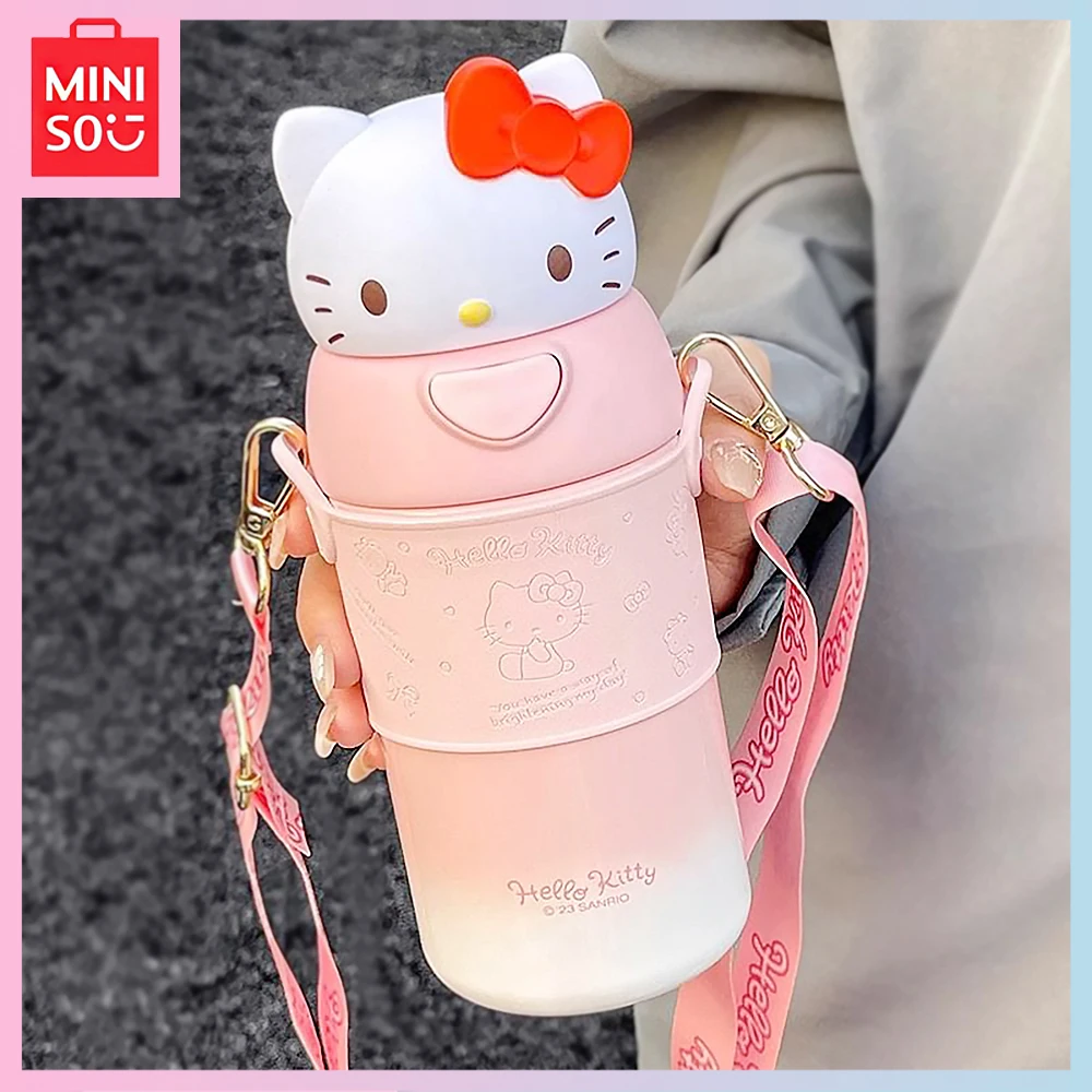 

2023 New Miniso Hellokitty Kawaii Cartoon Student with Rope Straw Stainless Steel Portable 560ML Thermos Cup Girls Birthday Gift