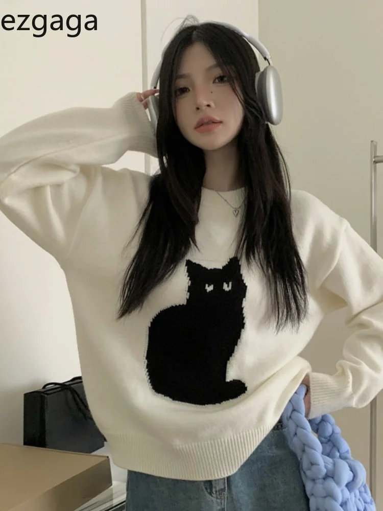 

Ezgaga Sweet Sweater Pullover Women Cartoon Cat Pullover Autumn Winter Outwear Loose Vintage Knitted Tops Female Fashion