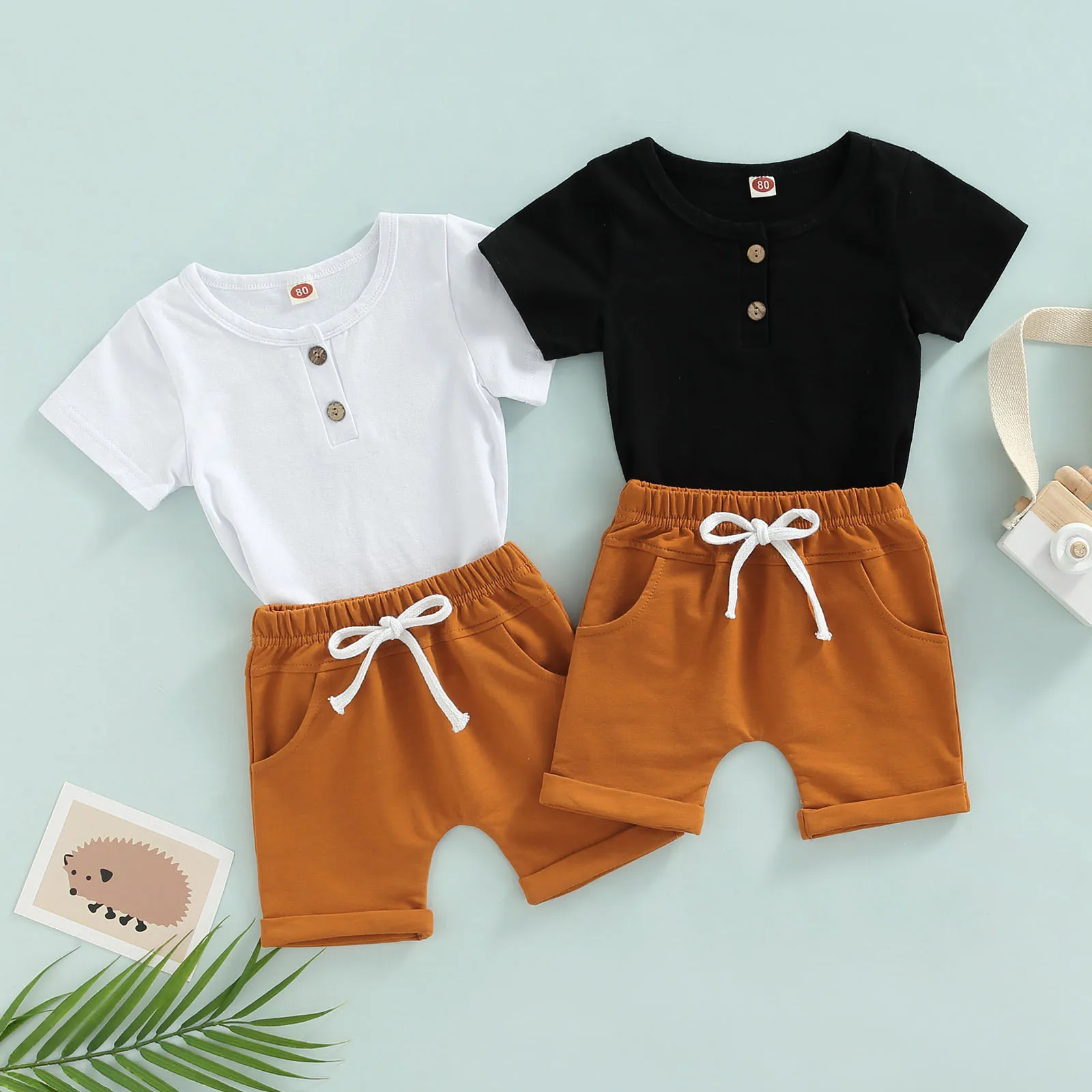 

2022 Infant Baby Boys 2 Pieces Outfits Solid Short Sleeve T-Shirts Tops Shorts Casual Baby's Clothing Set