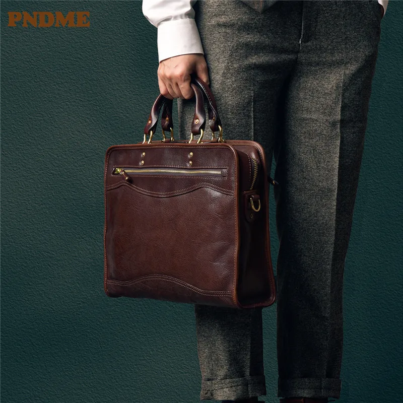 PNDME casual luxury natural genuine leather laptop briefcase business real cowhide handbag office work 13 inches messenger bag