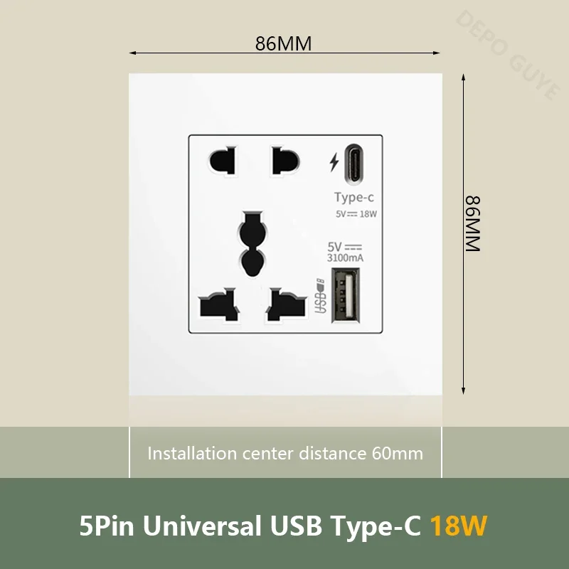 

Универсальная 5-контактная розетка для быстрой зарядки типа C, 18 Вт, настенная электрическая розетка для Великобритании с зарядным устройством USB, белая умная вилка с двойной розеткой