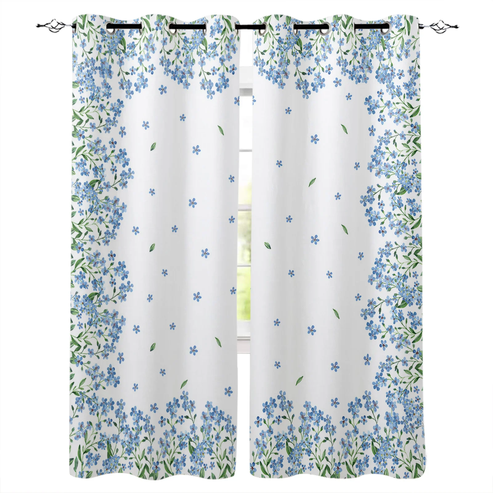 

Spring Watercolor Blue Flowers Window Curtains for Living Room Bedroom Home Decor Kitchen Curtains Modern Balcony Drapes