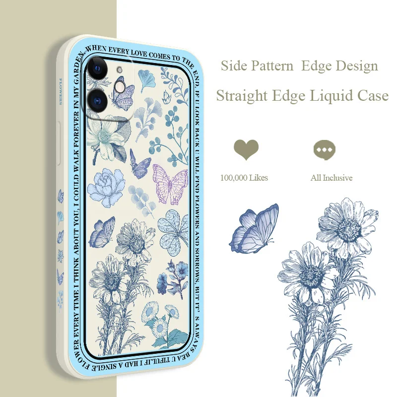 

Blue Border Flowers Phone Case for IPhone 12 13 Pro Max Mini 11 Pro Max X XR XS MAX SE2020 8 7 Plus 6 6S Plus Soft Back Cover