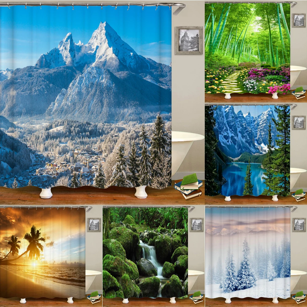 Занавеска для душа с природным пейзажем водонепроницаемая занавеска ванной