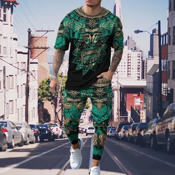Summer Tracksuit For Men Vintage Print T-Shirt+Trousers Set Fashion Casual Suit Stylish Streetwear Male Outdoor Clothing 1