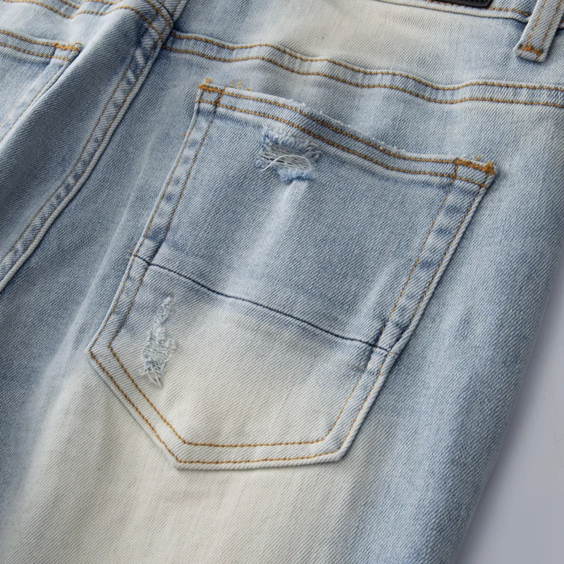 High Street Fashion Men Jeans Retro Washed Blue Stretch Skinny Fit Ripped Jeans Men Leather Patched Designer Hip Hop Brand Pants