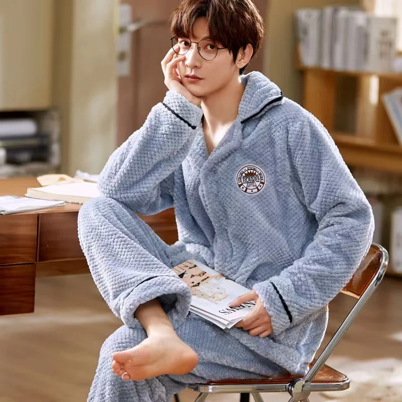 Men's Pajama Sets Winter Thicken Warm Flannel Sleepwear Long Sleeve Trousers 2Pcs/Set Lounge Homewear Pyjamas Suit