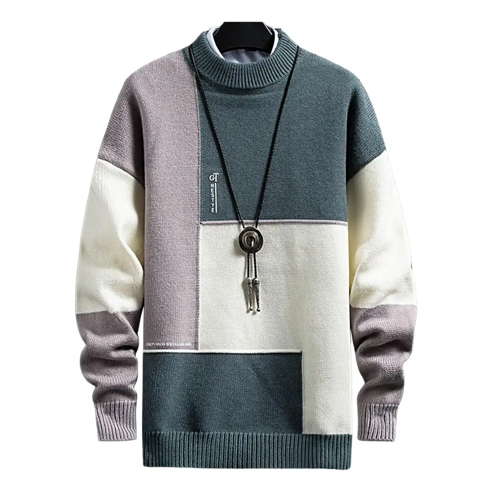 

Men Winter Sweater Knitting Long Sleeves Crew Neck Contrast Color Loose Keep Warm Thick Elastic Anti-shrink Spring Sweater for S