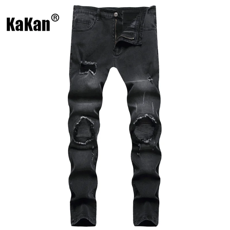 Kakan - New Slim Elastic Leg Black Jeans, High Street Hole Patch Straight Long Jeans K09-2616