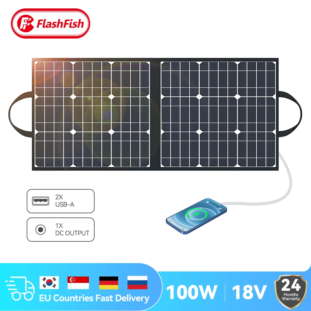 Flashfish Solar Panel 100W 18V Outdoor Portable Solar Cells Battery Charger With USB Outputs Power Supply For Camping RV Travel