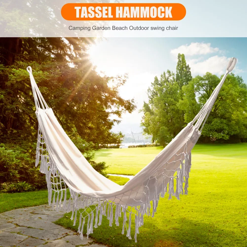

Outdoor Backyard Leisure Canvas Sleeping Hanging Swing Chair Bed Hiking Camping Hunting Portable Foldable Tassel Single Hammocks