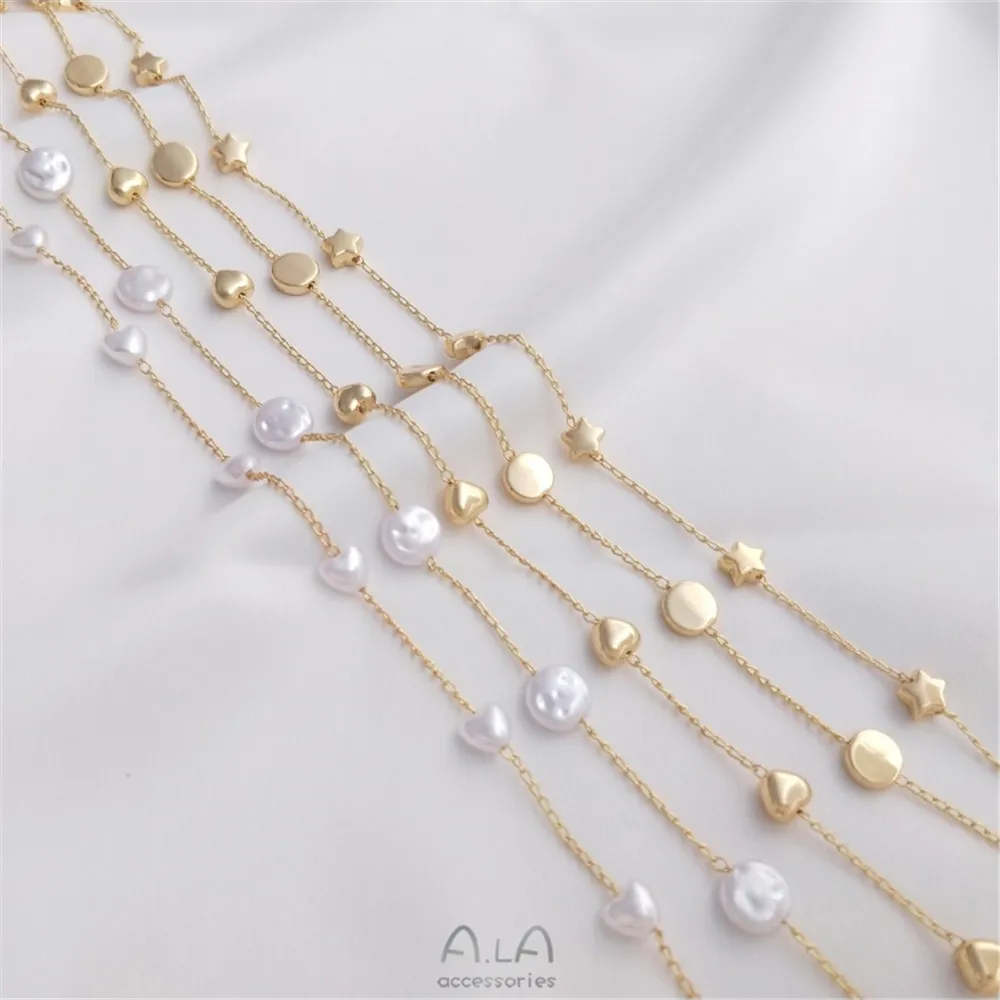 Купи 14K gold covered peach heart pentagram spacer bead chain baroque imitation pearl chain diy handmade chain loose chain за 147 рублей в магазине AliExpress