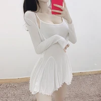 woman fashion mini dress t shirt set club pleated korean skirt transparent streetwear thin irregular lace long sleeve summer top