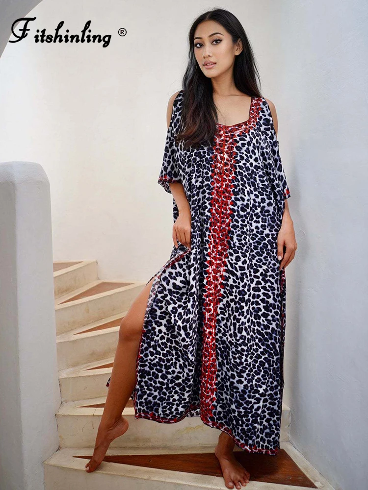 

Fitshinling Leopard Boho Beach Dress Off Shoulder Vintage Oversize Robe Holiday Sexy Pareo Split Fashion Cover-Ups Outing New