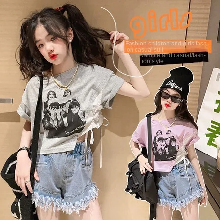 

Новинка лета 2023, детская одежда, футболка с коротким рукавом и шорты из денима с кисточками для девочек, комплект из двух предметов