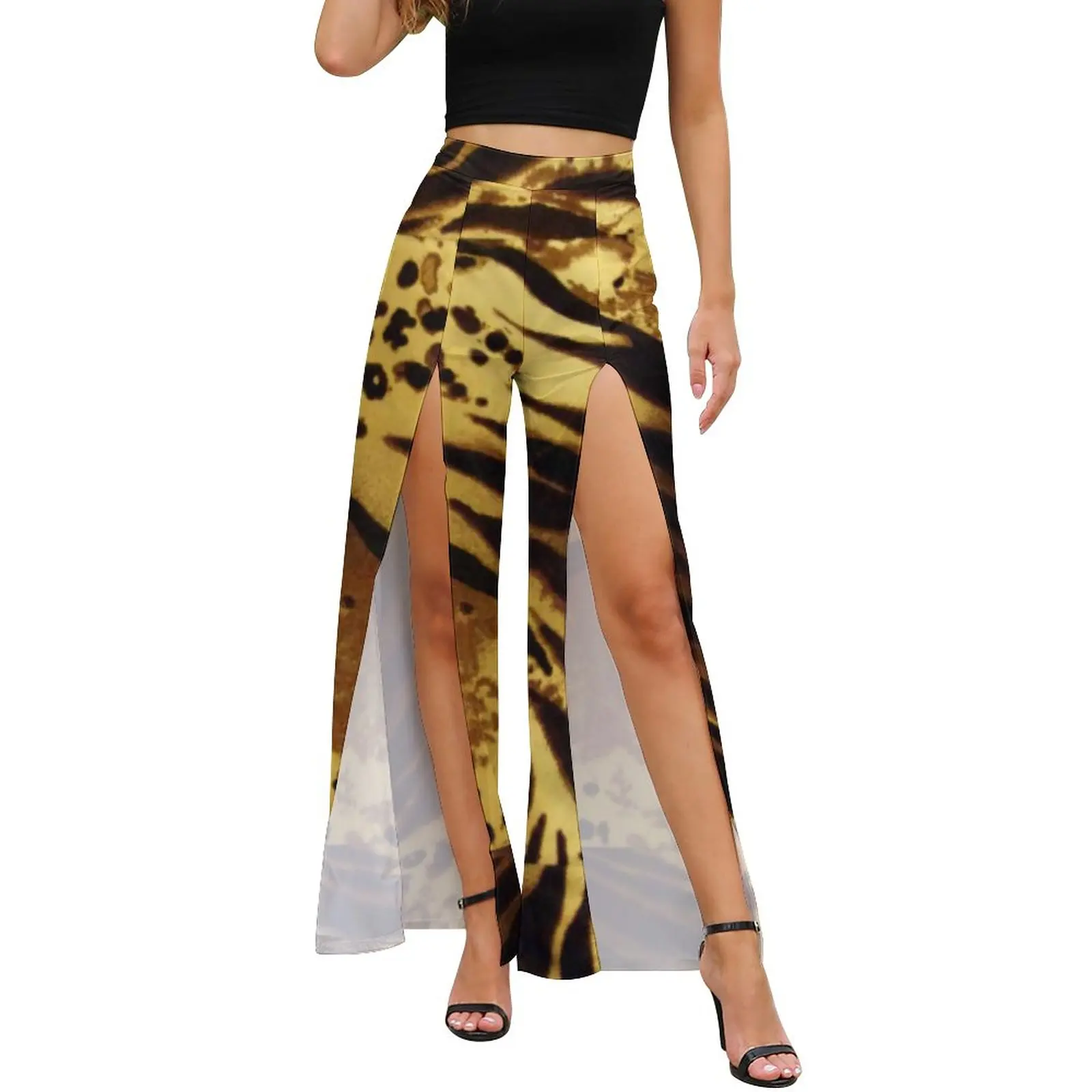 

Cheetah Brown Pants Female Animal Print Street Style Graphic Trousers Summer High Waist Slit Casual Wide Pants Gift Idea