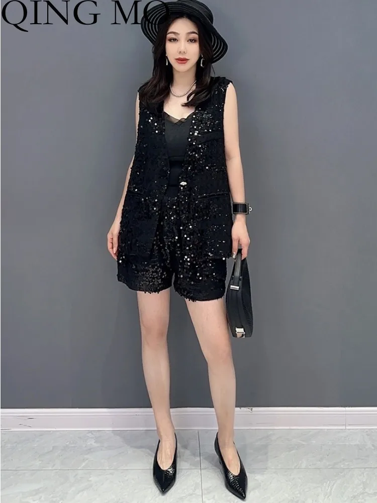

QING MO 2023 Summer New Korean Black Sequin Casual Vest + Shorts Two Piece Set Women Fashion Matching Set ZXF2608