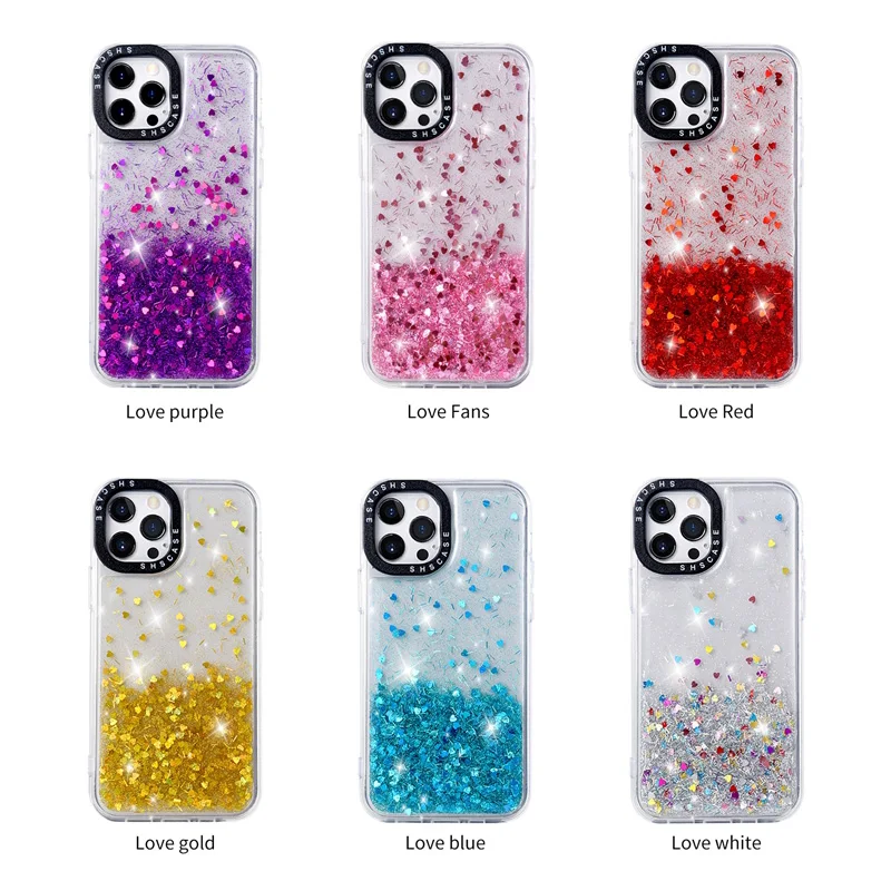 

Luxury Glitter Love heart Phone Case Coque For iphone 13 11 12 Pro Max X Xs Max XR 6 S 7 8 Plus Transparent Silicone Cover Case