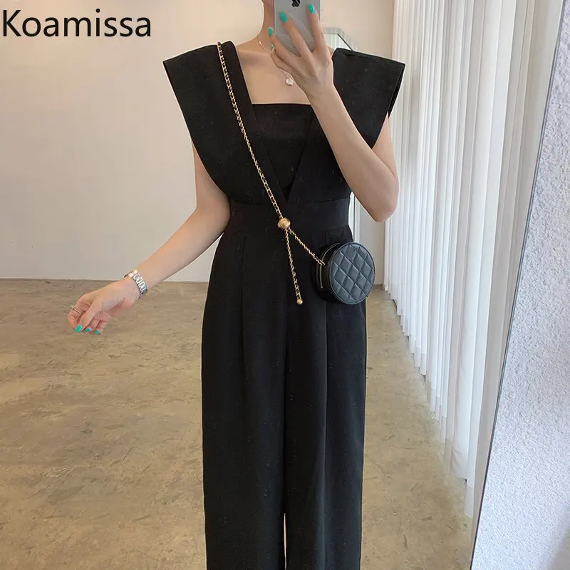 Koamissa Fashion Women Elegant Short Sleeve Jumpsuits Lady Waist Slim Summer Playsuits Causal Loose Wide Leg Bodysuits De Mujer
