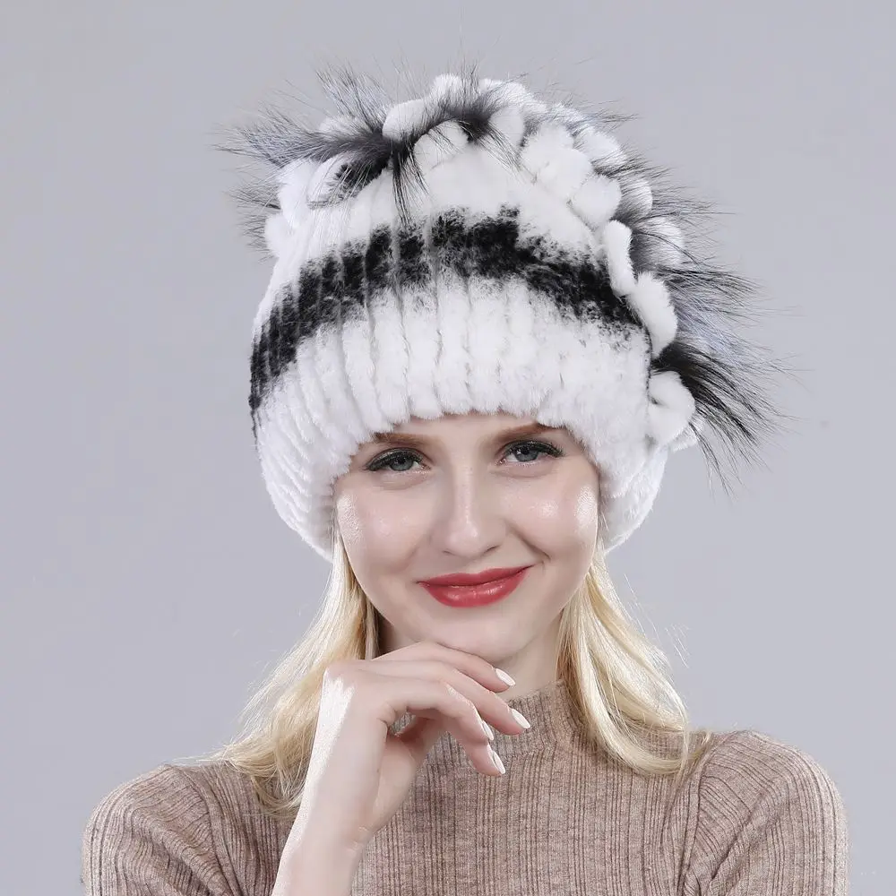

Модные зимние шапочки из натурального меха, шапка, Теплая эластичная шапка из кроличьего меха, вязаные шапки Настоящий мех кролика
