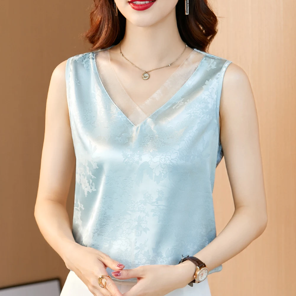 

2023 Summer Silk Camisole Ladies Satin V-Neck Mulberry Silk Suspenders Thin Sleeveless Top Shirts Female Casual Bottoming Vest