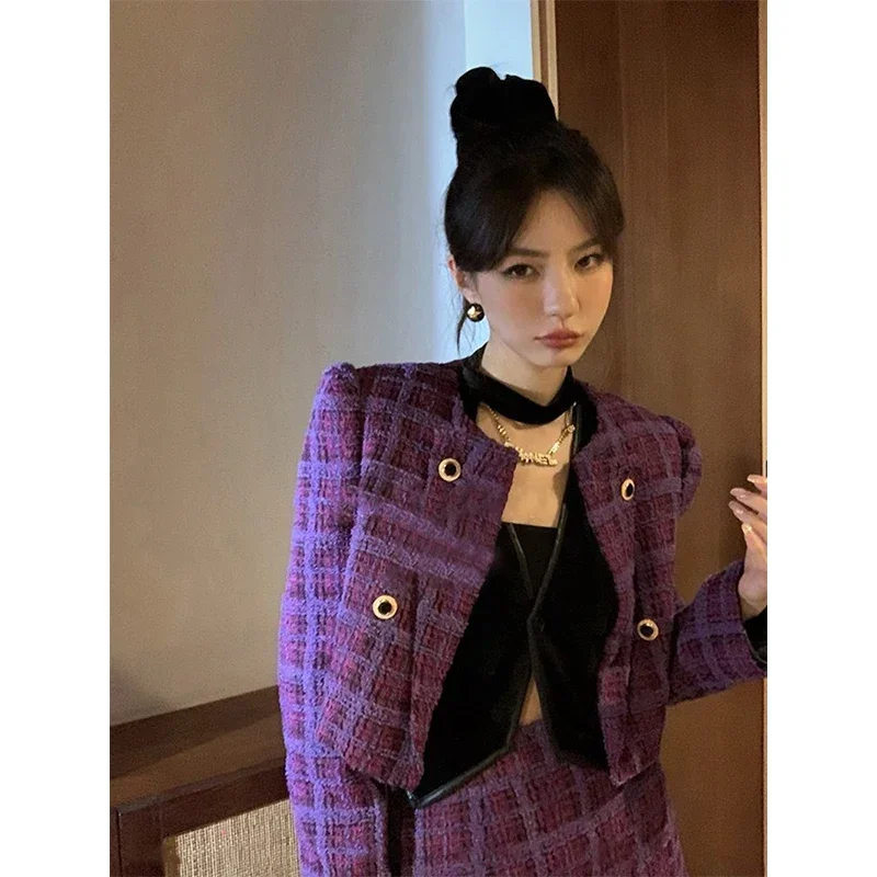 

Vintage Cropped Tweed Jacket Women Elegant Plaid Blazers Streetwear Korean Short Suit Coat Casual All Match Chic Outerwear Tops