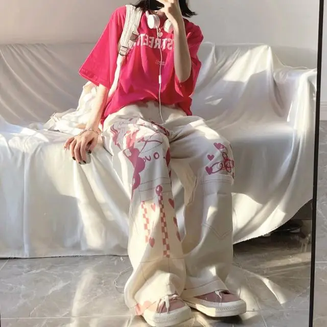 

Pink graffiti wide-leg pants mopping pants female Japanese anime print pattern loose straight overalls female ins trendy female
