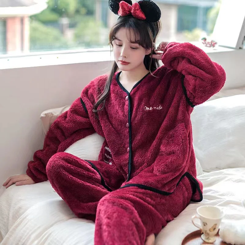 

Women Flannel V-Neck Pajamas Set 2022 New Warm Sleepwear Sweet Cute Loungewear Pijama Suit 2PCS Long Sleeve Pyjamas