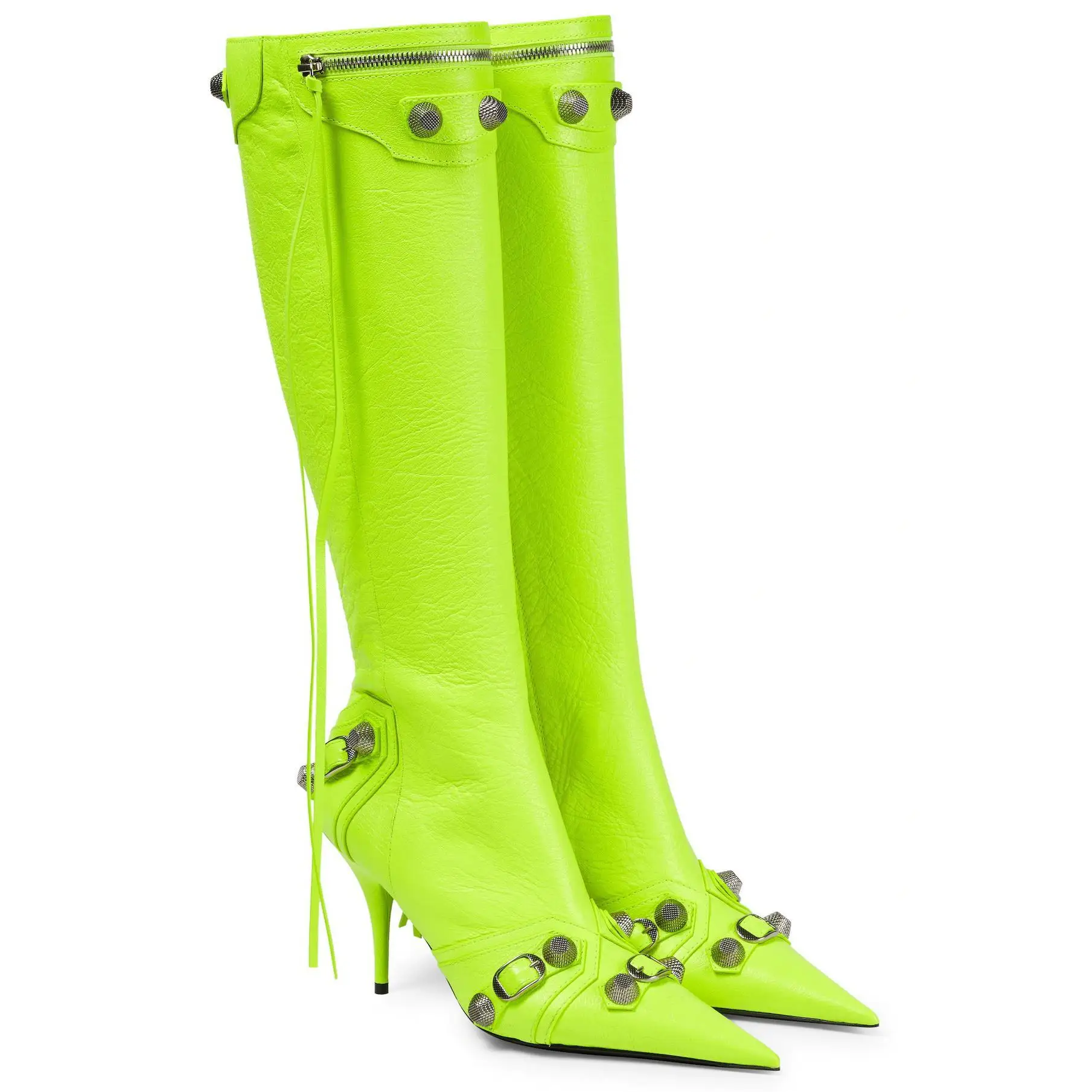 

2022 cross-border foreign trade pointed stiletto heel super high heel side zipper stud pin buckle large size knee-length boots