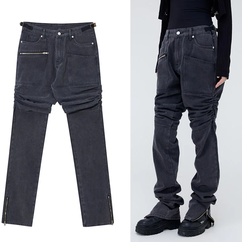 

Винтажные черные и синие функциональные свободные джинсы в стиле Харадзюку, Мужская Уличная одежда, повседневные облегающие брюки в стиле рок/панк/рэп с несколькими карманами, женские бермуды