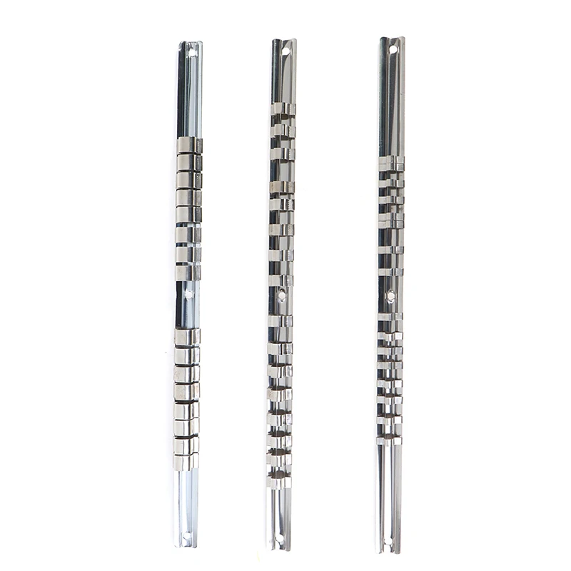 

Stainless Steel Socket Rack Holder 1/4 3/8 1/2 In With 16 Clips Rail Tool Organizer Storage For Home Industrial Garage 400mm
