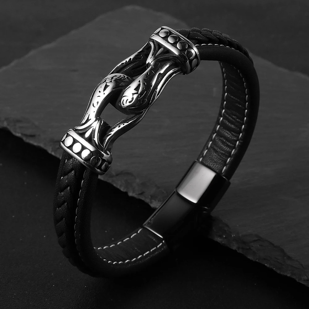 

Braided Black Genuine Leather Bracelet For Men Viking Double Anchor Bracelets Stainless Steel Charm Magnetic Buckle Bangles Gift