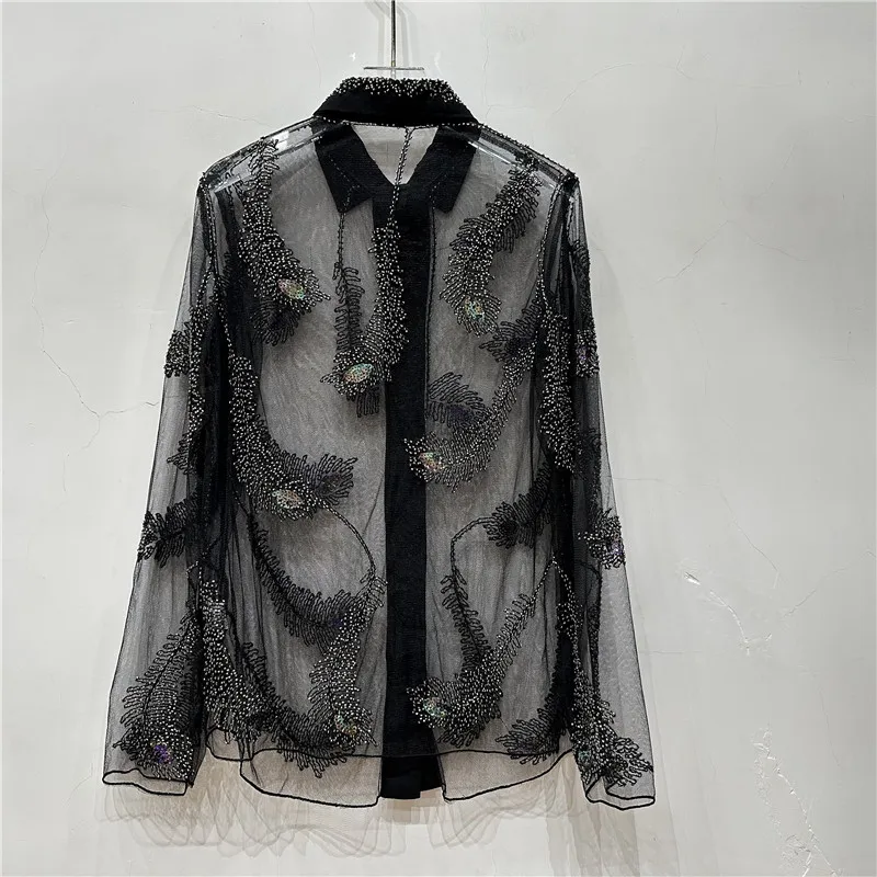 Шикарная блузка с блестками Женская блестящая бисером и длинным рукавом
