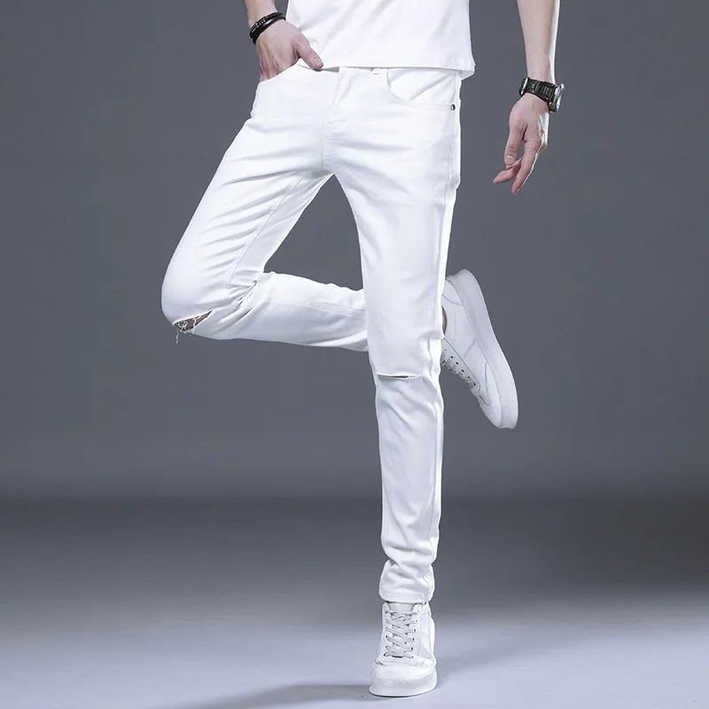 Мужские рваные джинсы белые в стиле хип-хоп эластичные джинсовые брюки