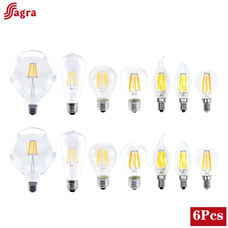 6pcs/lot LED Bulb AC220V C35 A60 ST64 G80 G95 Lamp E14 E27 LED Filament Light 2W 4W 6W 8W Glass Ball Bombillas Edison COB Bulb