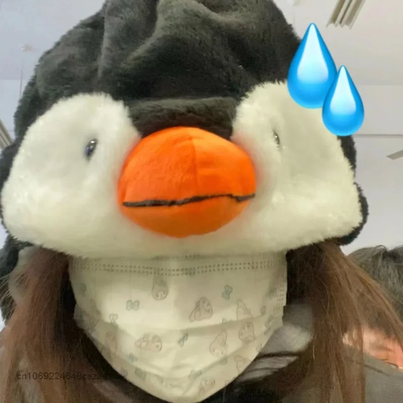 2022 Winter Plush Warm Cartoon Penguin Ear Cap Y2k Fleece Korean Style Couple Photo Props Cute Student Soft Loose Hat For Women