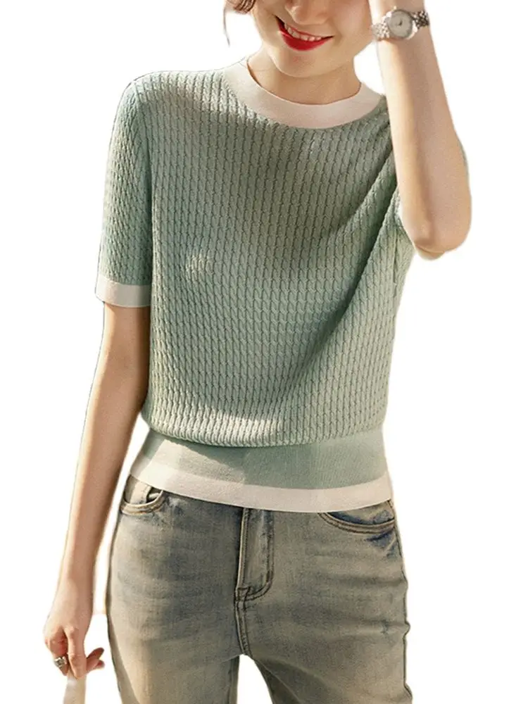 

Korean Fashion Short Sleeve Sweater Women 2022 Summer Knitted Jumper Tops Black White Casual Pullovers Woman Clothes Pull Femme