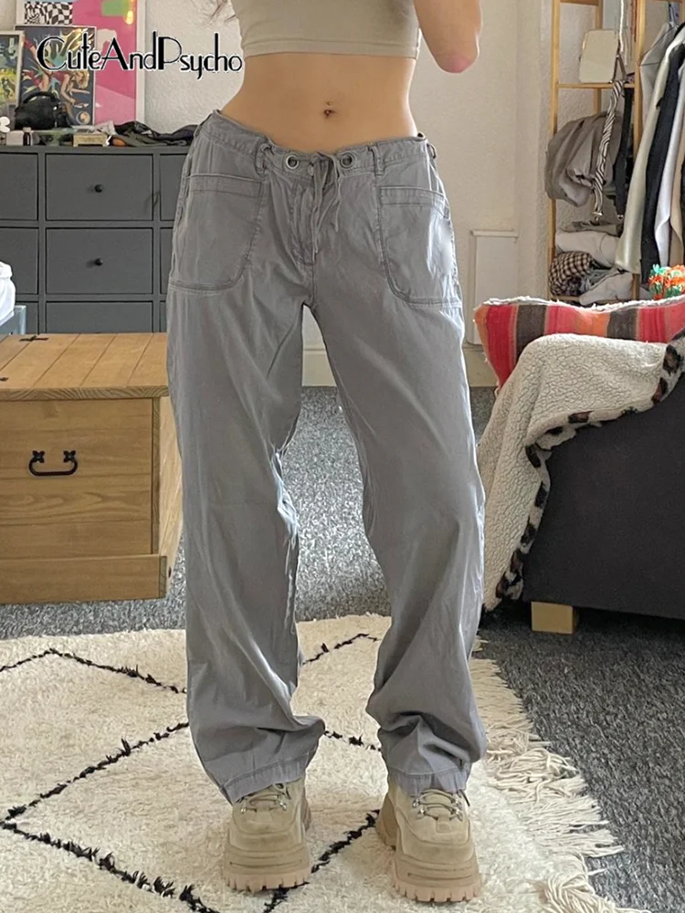 

Cuteandpsycho Streetwear Retro Drawstring Cargo Jeans Harakuju Straight Gray Denim Trousers 90s Grunge Fashion Women Cute Outfit