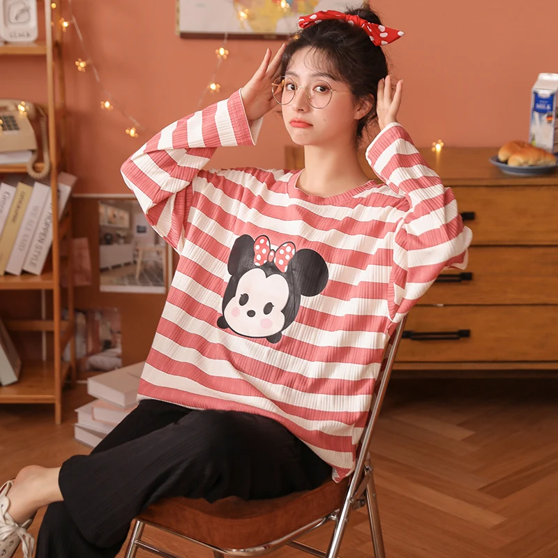 

Disney Cartoon Mickey Striped Cotton Pajamas Set Women Autumn Spring Long Sleeve Blouse and Pants Set Nightwear Woman Sleepwear