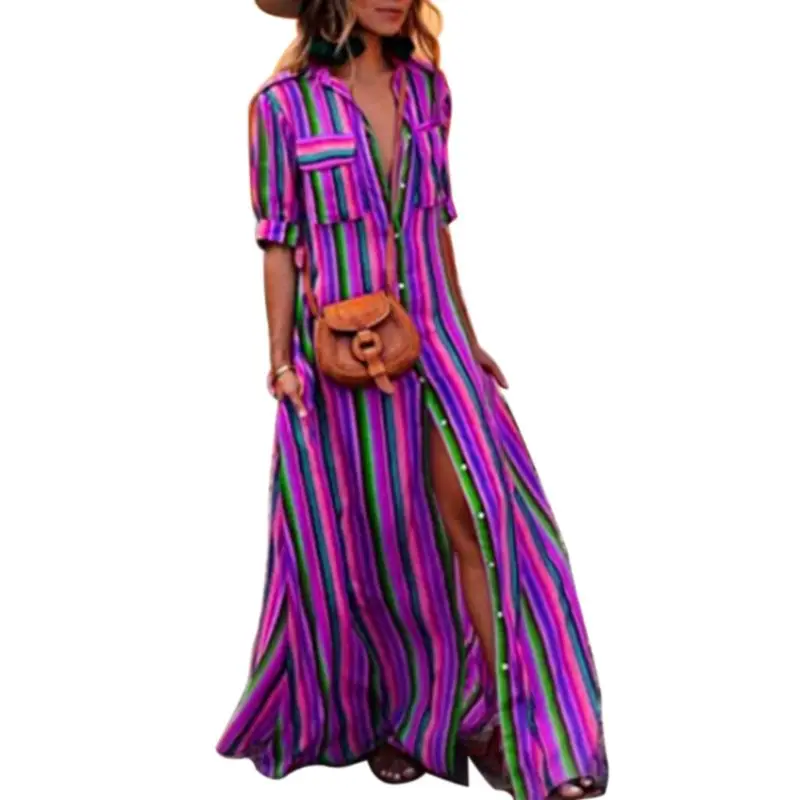 

Womens Plus Size Roll Up Half Sleeve Maxi Blouse Dress Open Front Button Down Rainbow Vertical Stripes Lapel Collar Shirt U4LF