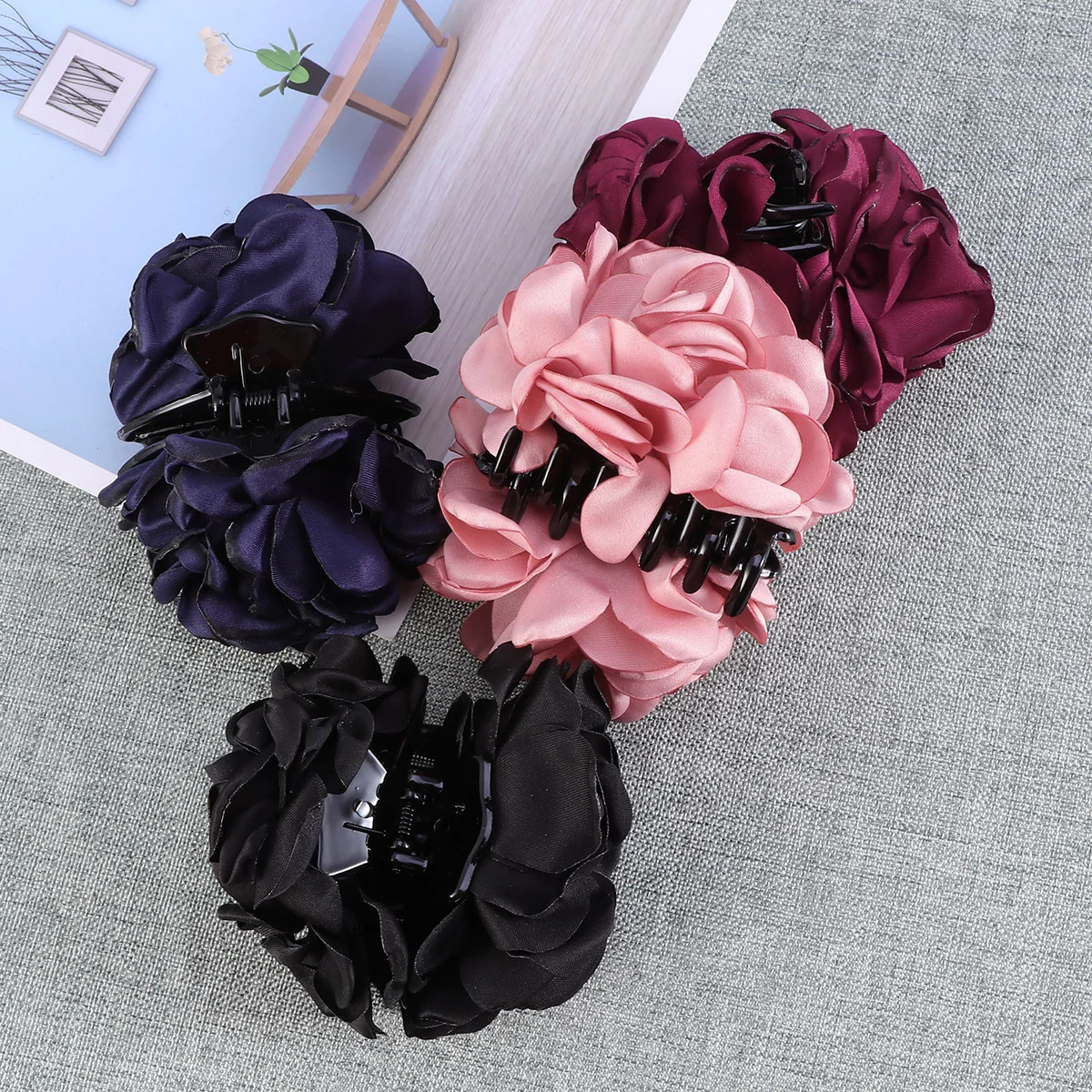 

4pcs Large Hair Clips Fabrics Rose Flower Bow Jaw Clip Barrette Hair Claws for Lady (Red + Black + Navy +)