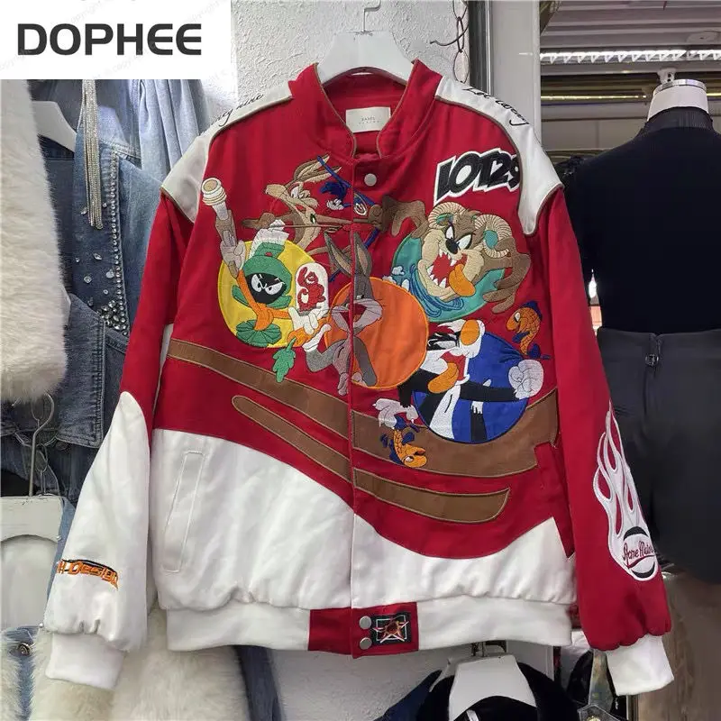 2022 New Spring Autumn Clothes Trendy Thick Coat Couple Outfit Hip Hop Biker Baseball Jacket Cartoon Embroidery Streetwear Coats