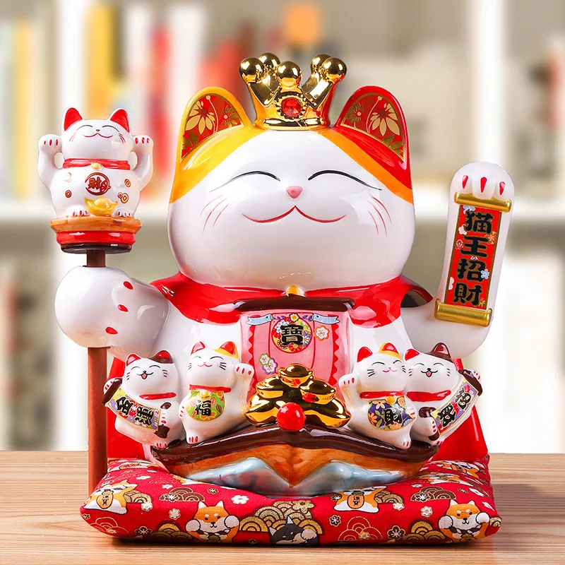 

9 Inch Feng Shui Lucky Cat Ceramic Fortune Cat Electric Shaking Arm Beckoning Fortune Maneki Neko Ornament Home Decoration Gift