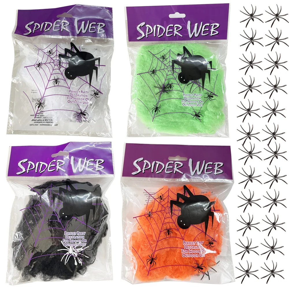 

Halloween Spider Web and Fake Spiders Cobweb for Horrors Theme Party Decor Outdoor Indoor Yard Ceiling Bar Decoration Glowing
