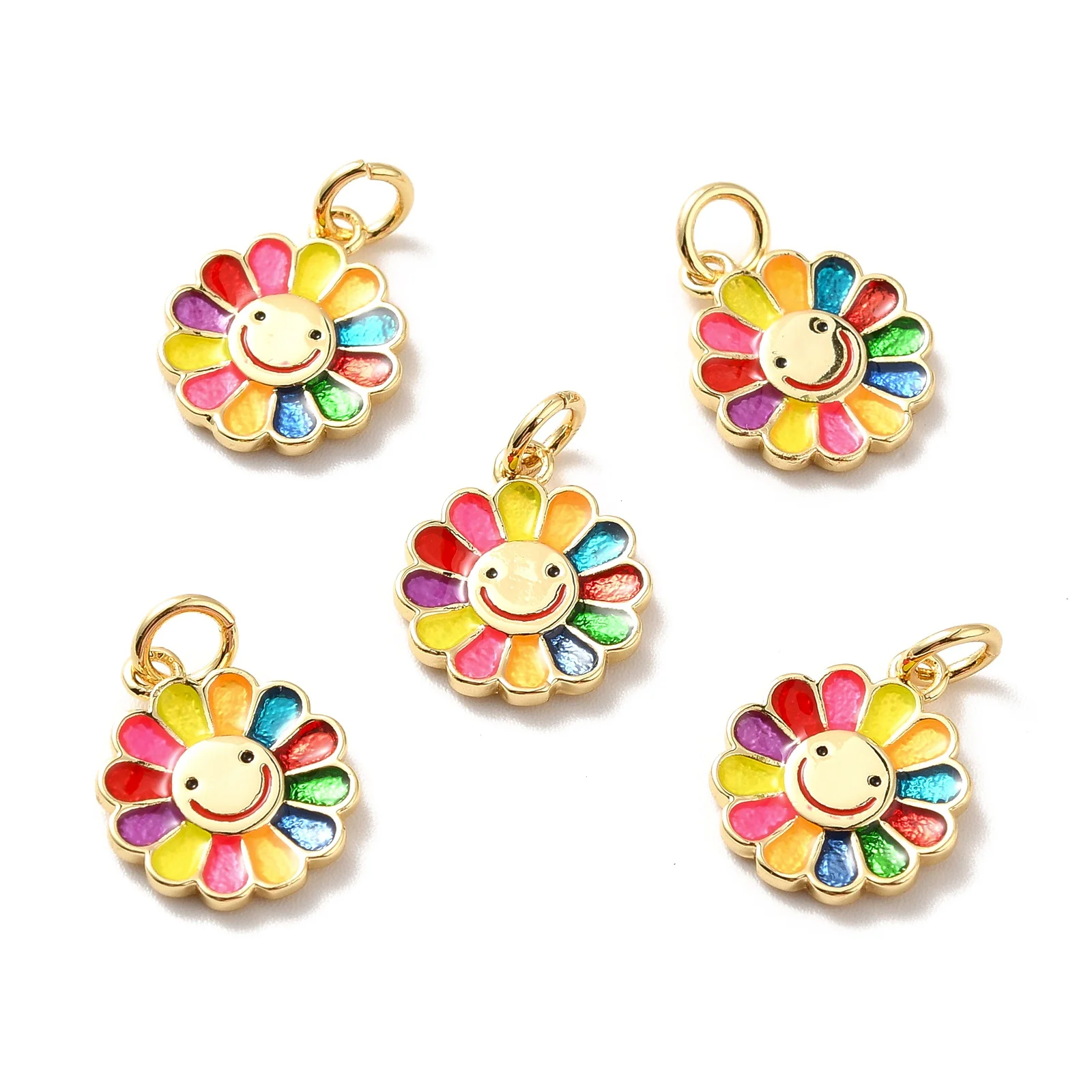 

Pandahall 10Pcs Colorful Flower with Smiling Face Rack Plating Brass Pendants for Bracelet Earring Necklace Jewelry Making Gift