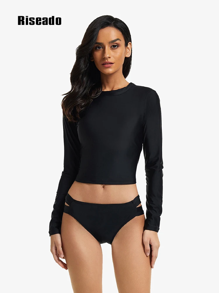 

Two-piece Swimsuits Long Sleeve Rash Guard Black Cut Out Swimwear for Women Beachwear