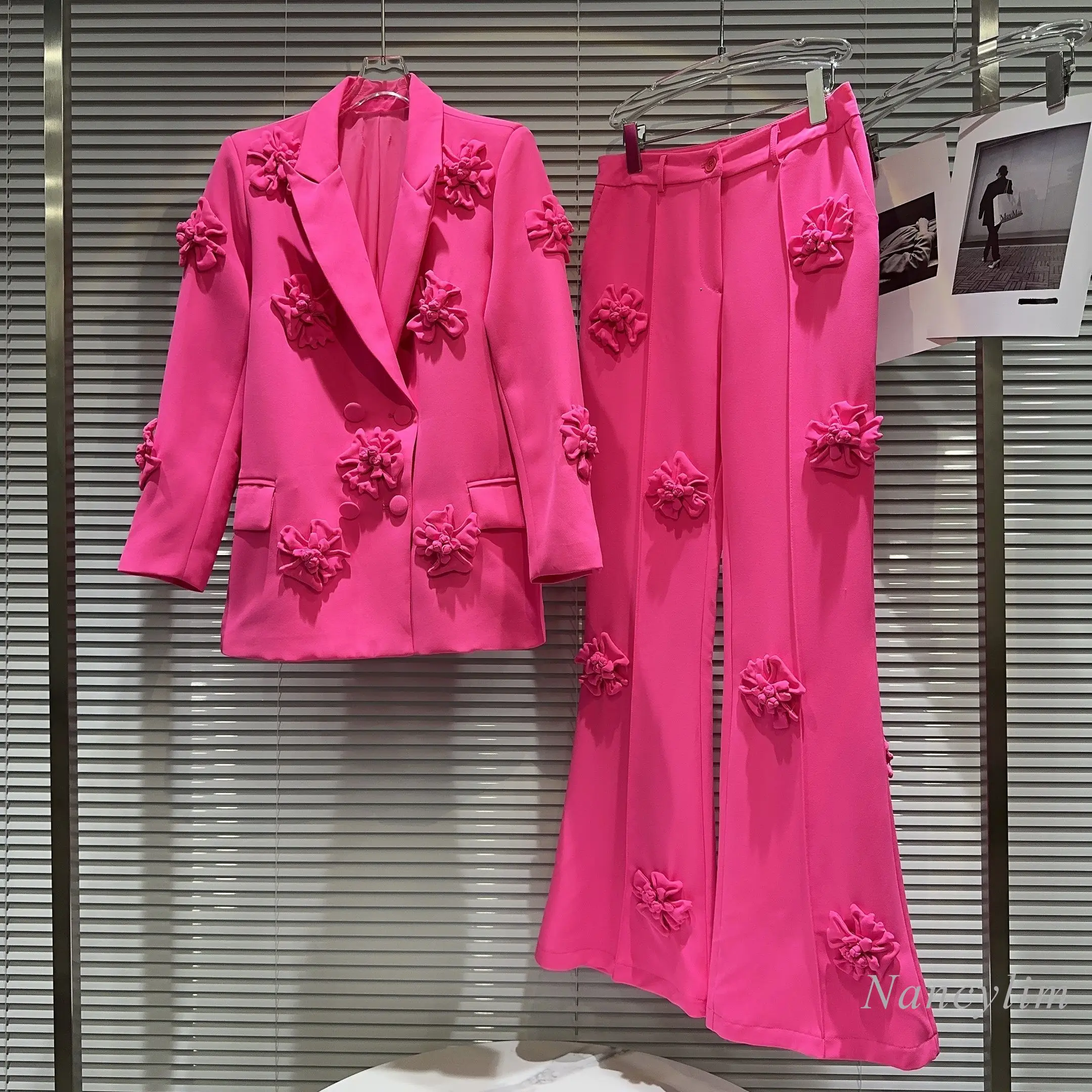 

2023 Autumn Long Floral Pants Sets 2 Piece Set Women High-Definition Pleated Three-Dimensional Flower Suit Coat + Trouser Suit